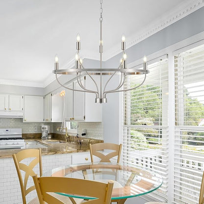 9-Light Brushed Nickel Chandelier, Modern Candle Chandeliers for Dining Room 30" Metal Vintage Farmhouse Chrome Chandelier Light Fixture for Kitchen Island, Bedroom, Foyer, Living Room