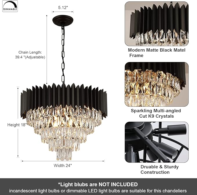 A AXILIXI Black Crystal Chandeliers Modern Round Chandeliers 24" Dimmable 12 Lights Ceiling Pendant Light Fixtures 5 Tiers Luxury Raindrop for Living Room Dining Room Bedroom Foyer