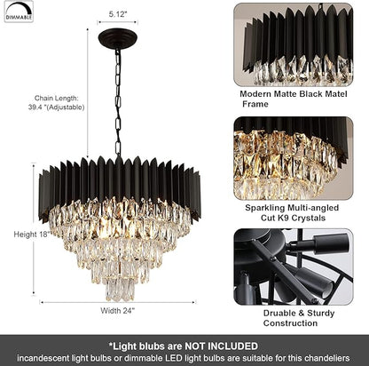 A AXILIXI Black Crystal Chandeliers Modern Round Chandeliers 24" Dimmable 12 Lights Ceiling Pendant Light Fixtures 5 Tiers Luxury Raindrop for Living Room Dining Room Bedroom Foyer