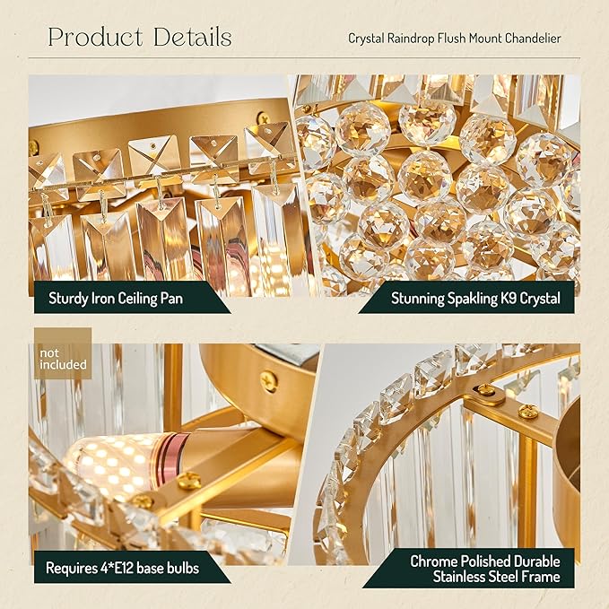 12.6" Gold K9 Crystal Raindrop Flush Mount Ceiling Light, Modern Chandelier, Round Luxury Light Fixture for Dining Room, Bedroom, Hallway, Kitchen Island & Living Room
