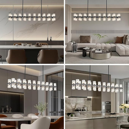 Black Rectangular Crystal Chandelier for Dining Room, 53 in Light Fixture Chandelier Over Table, Modern Crystal Chandelier Pendant Light for Kitchen Island Living Room