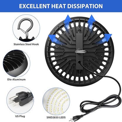 dephen 150W Plug in Ceiling Lights, 5000K LED Hanging Lamp, 16,500M High Bay with US Hook, AC120V Worklight for Garage Shop Basement Barn Warehouse, UL-Listed, 10 Pack