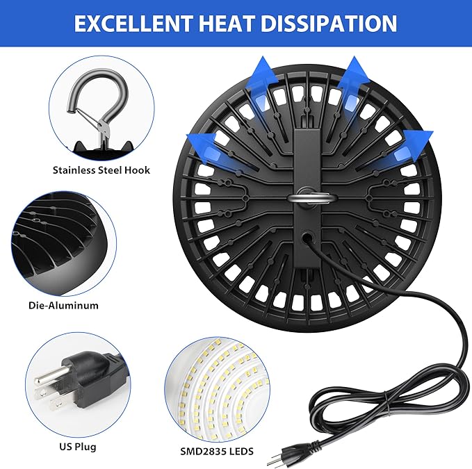 dephen UFO LED High Bay Light 150W, 5000K Plug in Shop Lights, 16,500M LED Garage Ceiling Lights with US Hook, 120VAC High Bay LED Lighting for Workshop Barn Warehouse UL-Listed