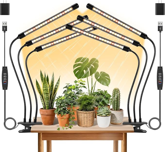 3 Heads Plant Lights for Indoor Growing, 2 Pack Grow Lights for Seed Starting, Full Spectrum Clip Grow Lamps with Auto ON & Off Timer 3/9/12H, 3 Switch Modes, 10 Dimming for Houseplants