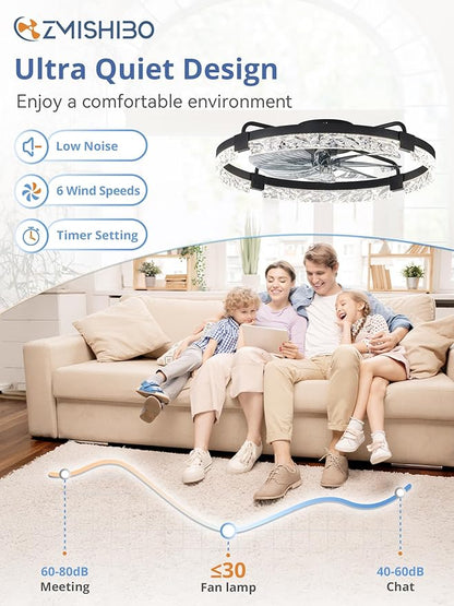 ZMISHIBO Ceiling Fans with Lights and Remote, 24 Inch Flush Mount Fan Light, 6 Speeds, 3CCT, Dimmable, Low Profile Ceiling Fan, Modern Ceiling Fan with Light for Bedroom and Living Room, Black