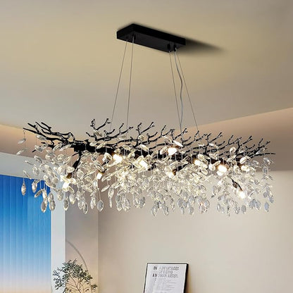 Modern Crystal Tree Branches Chandelier, 47.5in Black 14 Lights Large Ceiling Hanging Light for Dining Room, Rectangle Raindrop Pendant Light Fixture