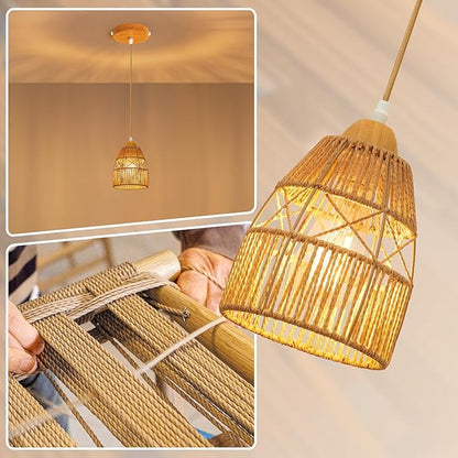 Boho Rattan Pendant Light Kitchen Island,Farmhouse Chandeliers Adjustable Height Hanging lamp for Dining Room,Small Kitchen Ceiling Lights Fixtures with Hand Woven Wicker Lampshade Lighting