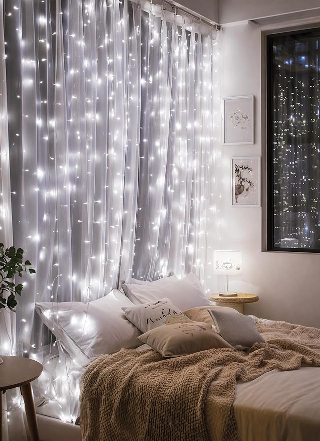 Brightown 300 LED Fairy Curtain Lights, 9.8ft x 9.8ft String Lights, USB Plug in 8 Lighting Modes Christmas String Hanging Lights with Remote for Bedroom Indoor Outdoor Party Xmas White 1 Pack