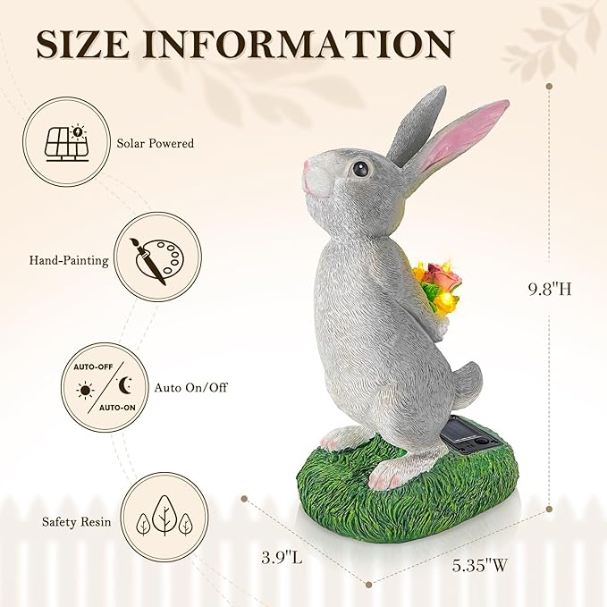 Solar Garden Rabbit Statue with LED Flowers, Grey Resin Hare Figurine Decor for Patio, Yard, Lawn Outdoor Ornament, Ideal Easter, Birthday Gifts for Women, Mother & Garden Lovers