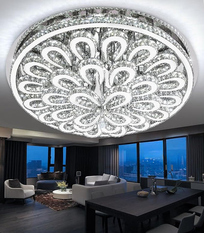 47'' Modern Crystal Chandeliers for Living Room Large Chandelier Ceiling Light Fixture LED Dimmable with Remote Flush Mount Lighting for Dining Room Bedroom Silver