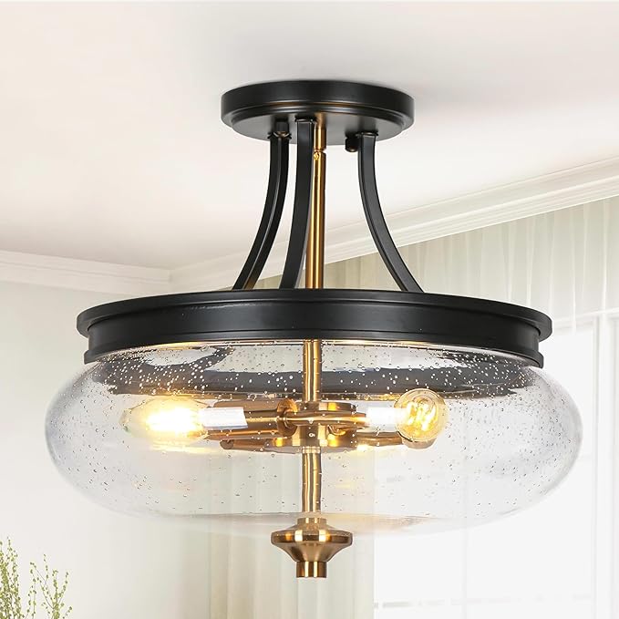 classy leaves Semi Flush Mount Ceiling Light, Black Gold Close to Ceiling Light Fixture 3 Light Modern Farmhouse Ceiling Light with Seeded Glass for Kitchen Bedroom Hallway Entryway