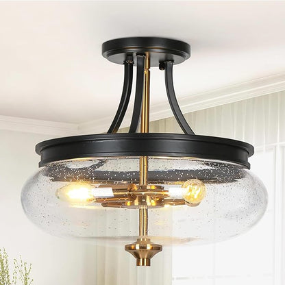 classy leaves Semi Flush Mount Ceiling Light, Black Gold Close to Ceiling Light Fixture 3 Light Modern Farmhouse Ceiling Light with Seeded Glass for Kitchen Bedroom Hallway Entryway