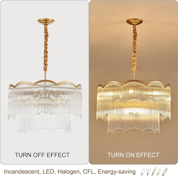 22.83" Gold Clear Glass Crystal Chandelier 8-Light Modern Crystal Pendant Ceiling Light Fixture 2-Tier Luxury Glass Chandeliers,for Dining Room Kitchen Island Living Room Bedroom