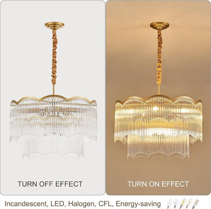 22.83" Gold Clear Glass Crystal Chandelier 8-Light Modern Crystal Pendant Ceiling Light Fixture 2-Tier Luxury Glass Chandeliers,for Dining Room Kitchen Island Living Room Bedroom