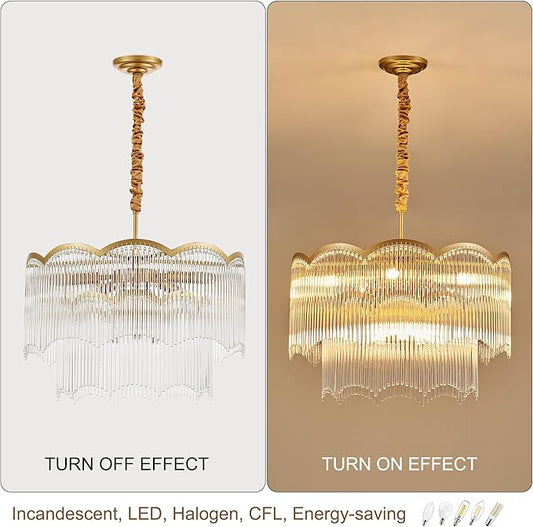 22.83" Gold Clear Glass Crystal Chandelier 8-Light Modern Crystal Pendant Ceiling Light Fixture 2-Tier Luxury Glass Chandeliers,for Dining Room Kitchen Island Living Room Bedroom