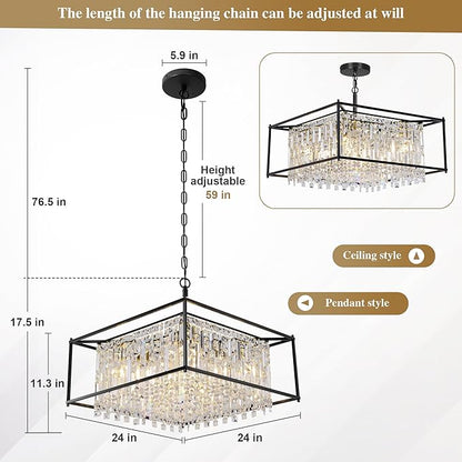 Miuyhji Black Chandeliers for Dining Room, Black Square Lndustrial Chandelier Crystal Pendant Light for Kitchen Island Dining Room Living Room Flat and Inclined Ceiling,L24 x W24 x H17.5