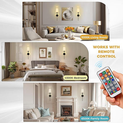 DORESshop Battery Operated Wall Sconce Set of 2, Wireless Wall Light Easy to Install, 15 Color Rechargeable Wall Sconces, Sconce Wall Decor Set of 2 for Bedroom, Living Room, Black, 27in