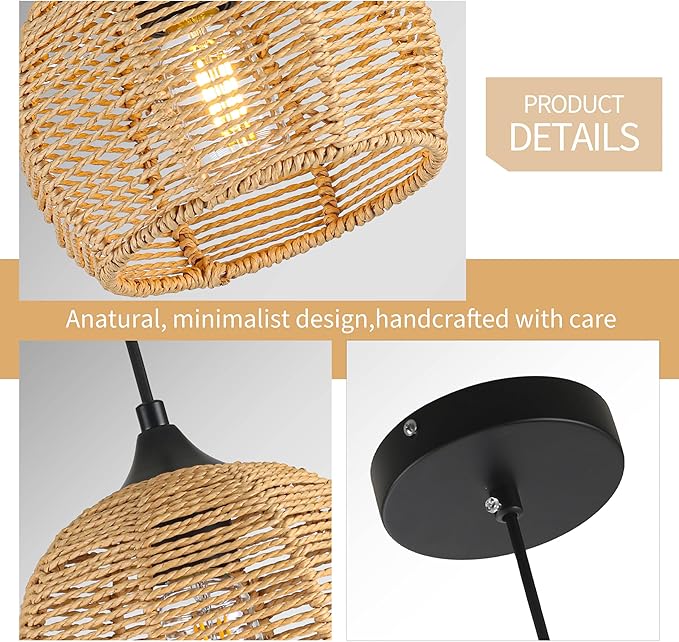 Wicker Pendant Lights Kitchen Island Natural Woven Pendant Light Boho Chandelier Fixture Dome Rustic Farmhouse Pendant Lights Rattan Light Fixture for Dining Room Kitchen Island