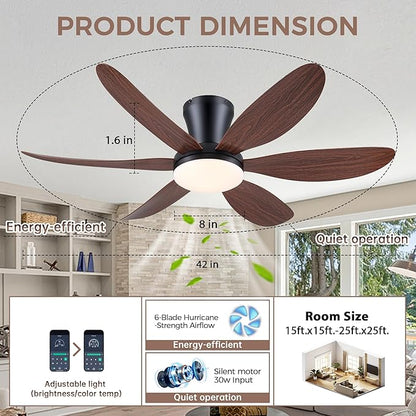 GJeg Ceiling Fans with Lights,42" Flush Mount Ceiling Fan with Light and Remote Control,Low Profile, Reversible, Dimmable, Noiseless, Black Ceiling Fan for Bedroom