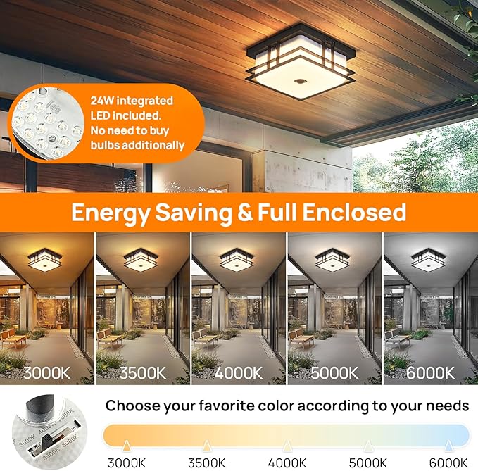 LED Motion Sensor Outdoor Ceiling Light with Acrylic Shade 24W 5CCT Flush Mount Ceiling Fixture for Porch, Patio, Balcony, Garage