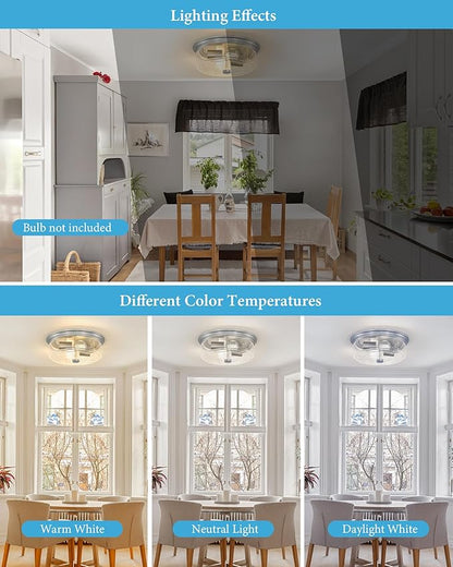 Brushed Nickel Flush Mount Ceiling Light Fixtures, 12 Inch 2-Light Light Fixtures Ceiling Mount with Seeded Glass Lampshade,Ceiling Light for Kitchen, Hallway, Entryway