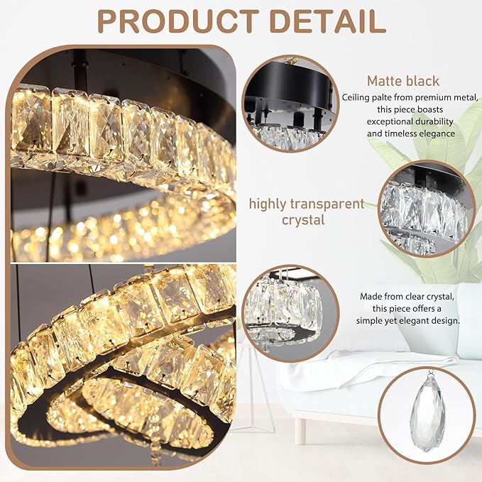 Flashing God Dia 20" Modern Crystal Chandelier for Dining Room Black Ceiling Chandelier Flush Mount Ceiling Light for Living Room Bedroom Hallway