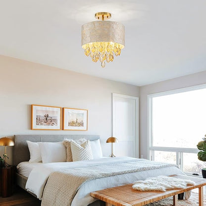 3-Light Capiz Shell Crystal Drum Ceiling Light, Coastal Style Close to Ceiling Light Fixture for Dining Room, Living Room & Bedroom, D12 * H14 inch, Champagne Crystal & Gold Finish