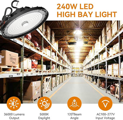 UFO LED High Bay Light 240W 36,000lm 5000K Daylight, High Bay LED Shop Lights with US Plug 5’ Cable, Commercial Warehouse Lights, Factory Area Lighting Fixture, Non-Dim, 2PCS