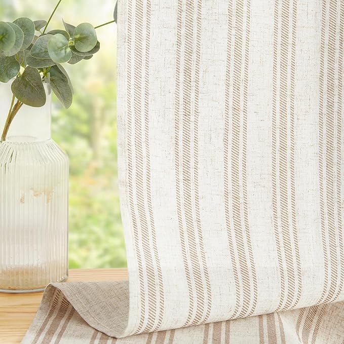jinchan Linen Kitchen Curtains Striped Tier Curtains 36 Inch Farmhouse Small Drapes Balanced Stripe Half Window Light Filtering for Bathroom Laundry 2 Panels Tan on Linen