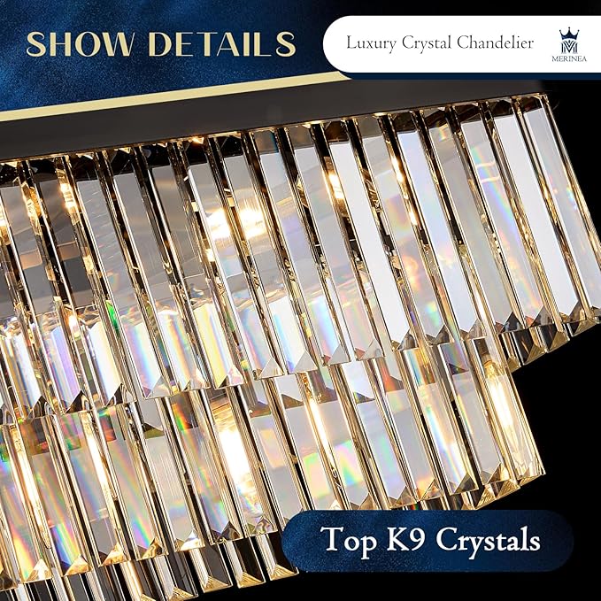 L40” Large Modern Rectangular Chandeliers 12 Lights Luxury K9 Crystal Ceiling Pendant Light Fixture Modern Black Long Chandelier for Kitchen Island Dining Room Living Room Bar