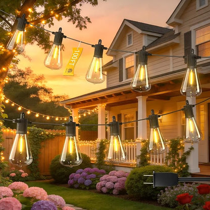 LED Outdoor String Lights 100FT, Waterproof Patio Lights with 52 (50+2 Spare ST38 Shatterproof Replaceable Bulbs), Connectable Dimmable Outside Hanging Light for Porch Garden Deck Bistro Backyard
