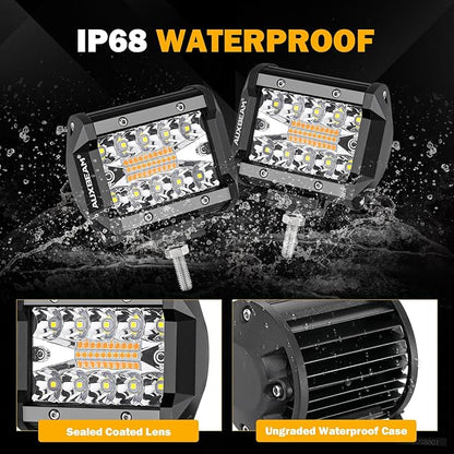 Auxbeam 4 Inch 240W LED Pods, Amber White Fog Light 6 Modes Strobe Lights for Work Truck, Dual Color Combo Offroad Driving Light for Jeep ATV Utv Car, 4 Packs