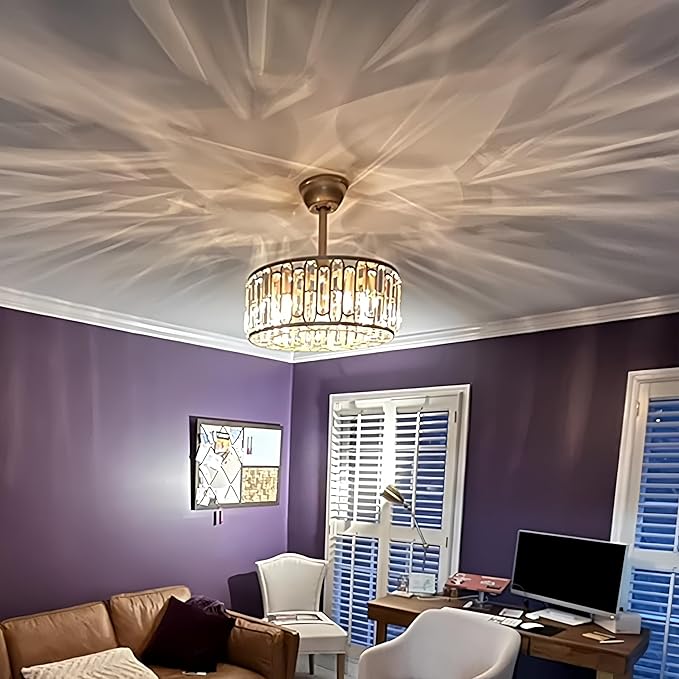 18.2" Gold Caged Ceiling Fans with Lights Remote Crystal Fandelier 4-Lights Flush Mount Fan Light Modern Enclosed Chandelier Fan with 6 Speeds for Bedroom Living Room Kitchen Dining Room Hallway