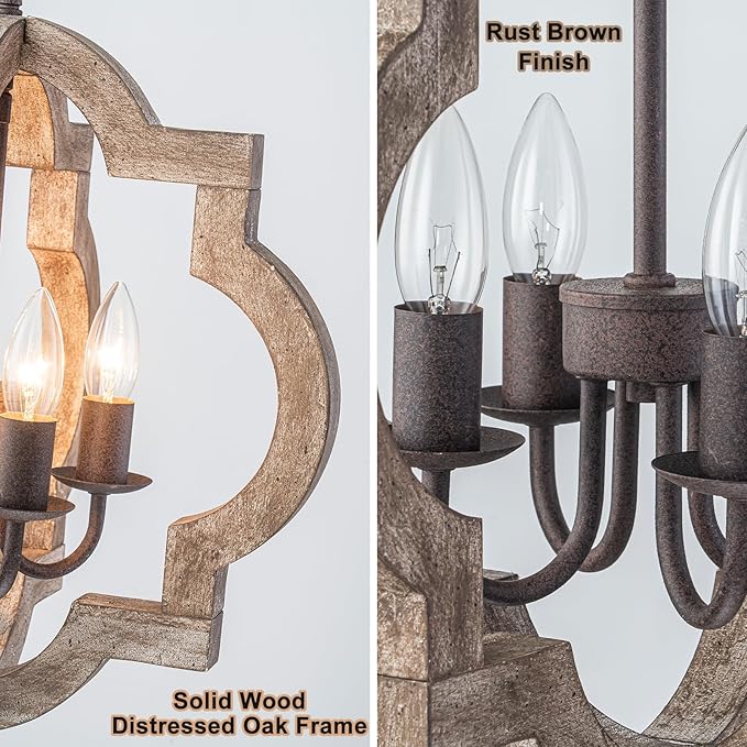 16" Oak Farmhouse Chandeliers for Dining Room Distressed Wood Pendant Light Fixture 4-Light Rustic Ceiling Hanging Light over Table for Kitchen Island Bedroom Entryway Foyer Dimmable & Ajustable Heigh