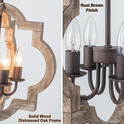 16" Oak Farmhouse Chandeliers for Dining Room Distressed Wood Pendant Light Fixture 4-Light Rustic Ceiling Hanging Light over Table for Kitchen Island Bedroom Entryway Foyer Dimmable & Ajustable Heigh