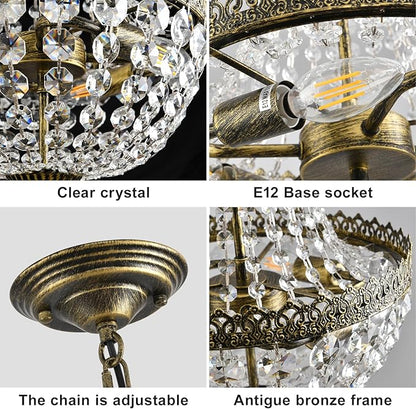 4 Lights French Empire Mini Crystal Chandelier Farmhouse Pendant Lighting,Antique Brass Finish Ceiling Light Fixture for Dining Room Bedroom Foyer Living Room, W12.6 x H19.7