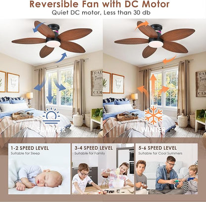 Tropical Palm Leaf RGB Ceiling Fans with Lights 46”, Brown Flush Mount Ceiling Fan with Light and Remote, 3CCT Dimmable LED&&Side RGB Light, Reversible 6 Speeds, Quite Low Profile Ceiling Fan Party