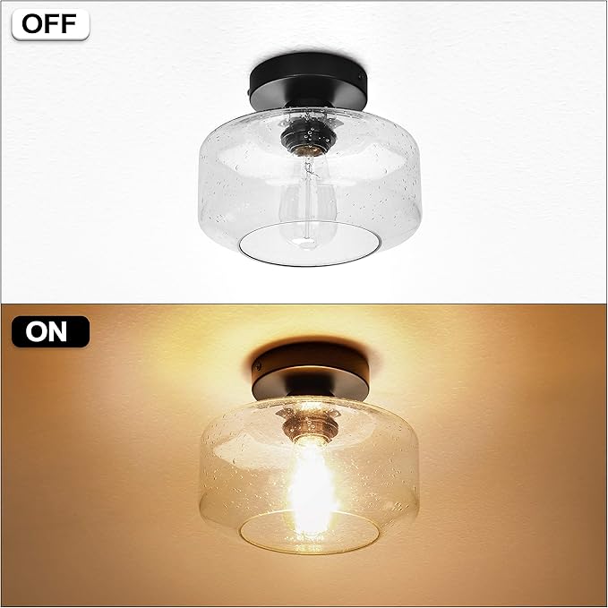 SunRider Industrial Semi-Flush Mount Ceiling Light Fixture, Modern Seeded Glass Pendant Lamp, Black Farmhouse Hanging Lighting for Bedroom Hallway