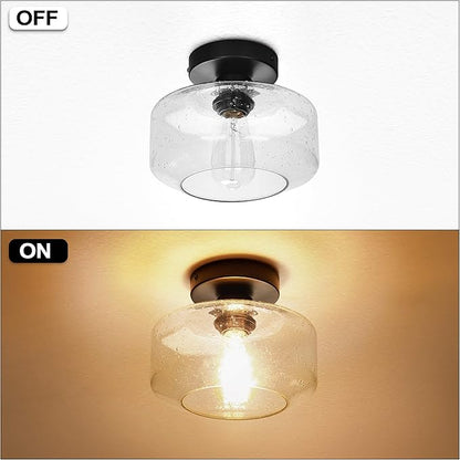 SunRider Industrial Semi-Flush Mount Ceiling Light Fixture, Modern Seeded Glass Pendant Lamp, Black Farmhouse Hanging Lighting for Bedroom Hallway