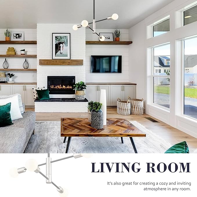 Modern Sputnik Chandelier Adjustable 4-Light Industrial Ceiling Light Fixture Mid Century Semi Flush Mount Ceiling Light Fixture Farmhouse Pendant Lighting for Dining Room Bedroom Silver