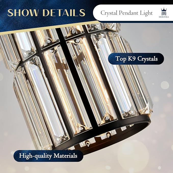 Black Crystal Pendant Light for Kitchen Island, Modern Mini Chandelier Hanging Light Fixture with K9 Crystals, Adjustable Luxury Pendant Lighting for Dining Room, Bedroom, Hallway, Bar
