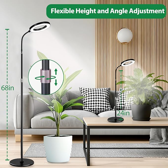 Floor Grow Lights for Indoor Plants, Full Spectrum Plant Light with 68" Stand for Growing Large Tall Plants, Black Halo Grow Lamp with 3/9/12H Timer, 3 Light Modes, 10 Dimming
