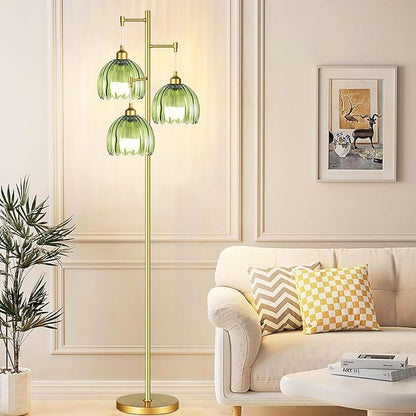 ZECOXOL Gold Floor Lamps for Living Room Bedroom-3 Light Glass Floor Lamp with Three Led Bulb, Rustic Tall Floor Lamp Gold Standing Lamp Tree Floor Lamps for Living Room Bedroom,Office,Corner