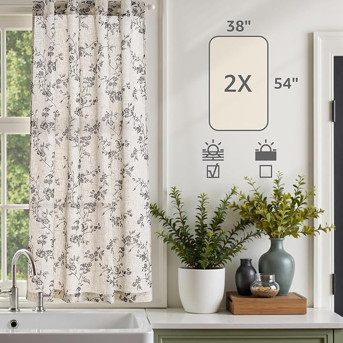 jinchan Floral Kitchen Curtains 54 Inch Linen Tier Curtains Farmhouse Cafe Half Window Drapes for Small Windows Light Filtering Black on Beige for Living Room Bathroom Back Tab 2 Panels