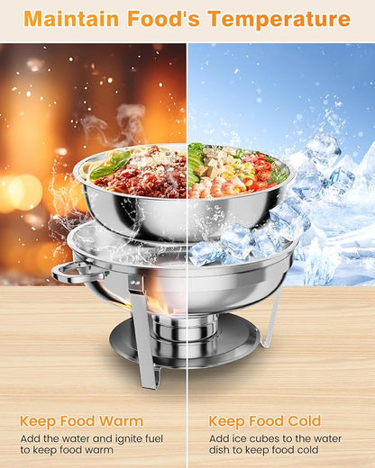 Chafing Dish for Buffet, 5 QT Round Chafing Dishes Buffet Set w/Lid Holder, Stainless Steel Chafers and Food Warmers With Spoon and Tweezers for Parties, Weddings (Silver, 6 Pack)