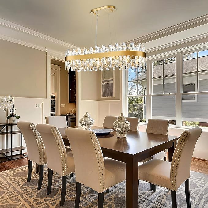 Modern Brass Gold Crystal Chandelier, Rectangle K9 Crystal Raindrop Chandelier Lights, Contemporary Ceiling Hanging Light Fixtures for Kitchen Island Dining Room, Length 35.4 inches