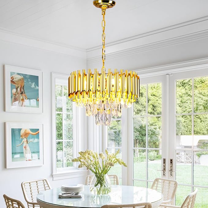 FRIXCHUR 16-Inch Modern Gold Crystal Chandelier, Ceiling Light Fixture, Adjustable Pendant Light – Suitable for Dining Room, Foyer, Kitchen and Bedroom
