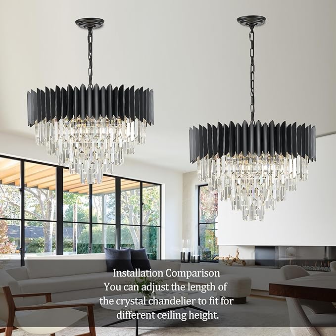 Black Crystal Chandelier 24'' K9 Crystal Round Pendant Lights Adjustable 5-Tier Large Modern Crystal Chandelier Light 10-Lights for Dining Room Living Room Kitchen Foyer Entryway