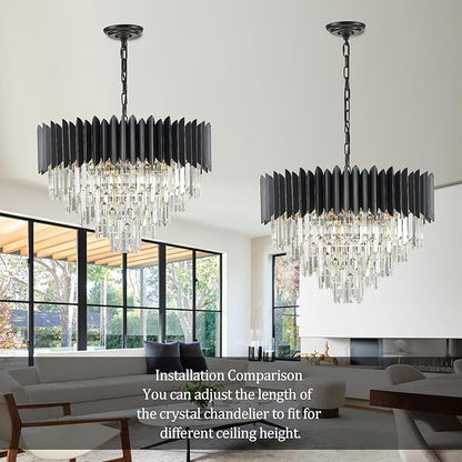 Black Crystal Chandelier 24'' K9 Crystal Round Pendant Lights Adjustable 5-Tier Large Modern Crystal Chandelier Light 10-Lights for Dining Room Living Room Kitchen Foyer Entryway