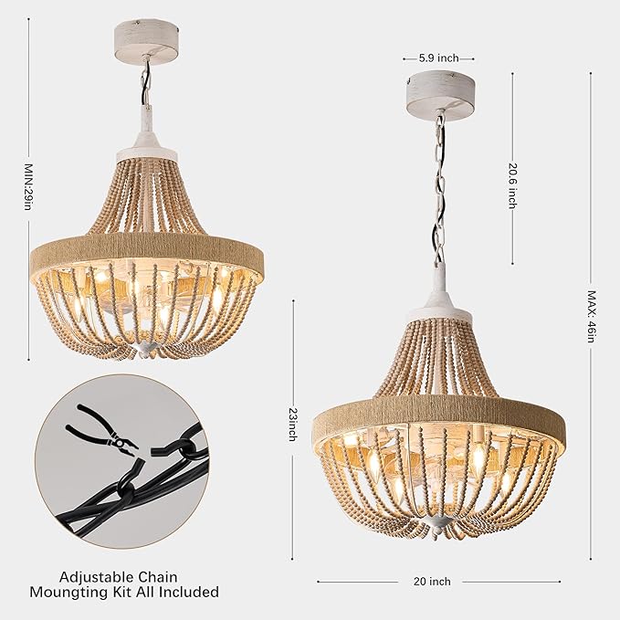Vintage Bohemian Empire Chandelier Fan with 64 Wood Bead Strands, 7-Blade Invisible Fan, Antique White Gold Finish Ceiling Fan for Living Room, Bedroom(White Gold, 20'' Boho Style)